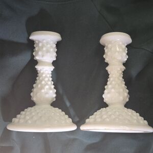 Pair of Vintage Fenton Milk Glass Hobnail Candlesticks